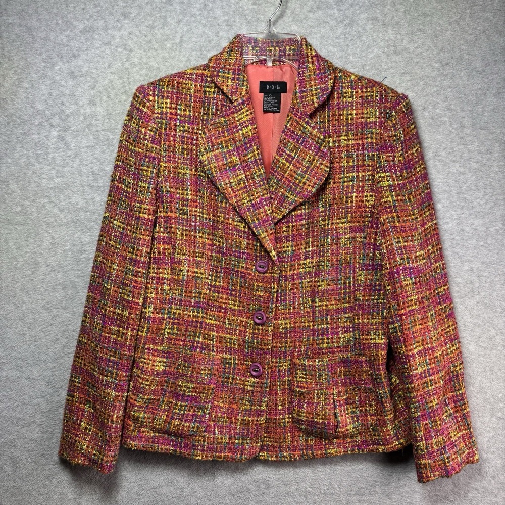 RQT Colorful Long Sleeve Tweed Blazer Size 10 Pink Jacket Business Casual Womens